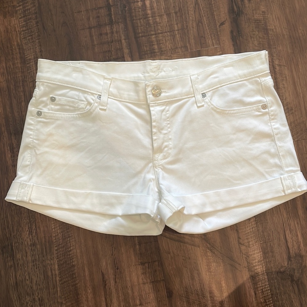 7 For All Mankind White Denim Jean Shorts Rolled Hem